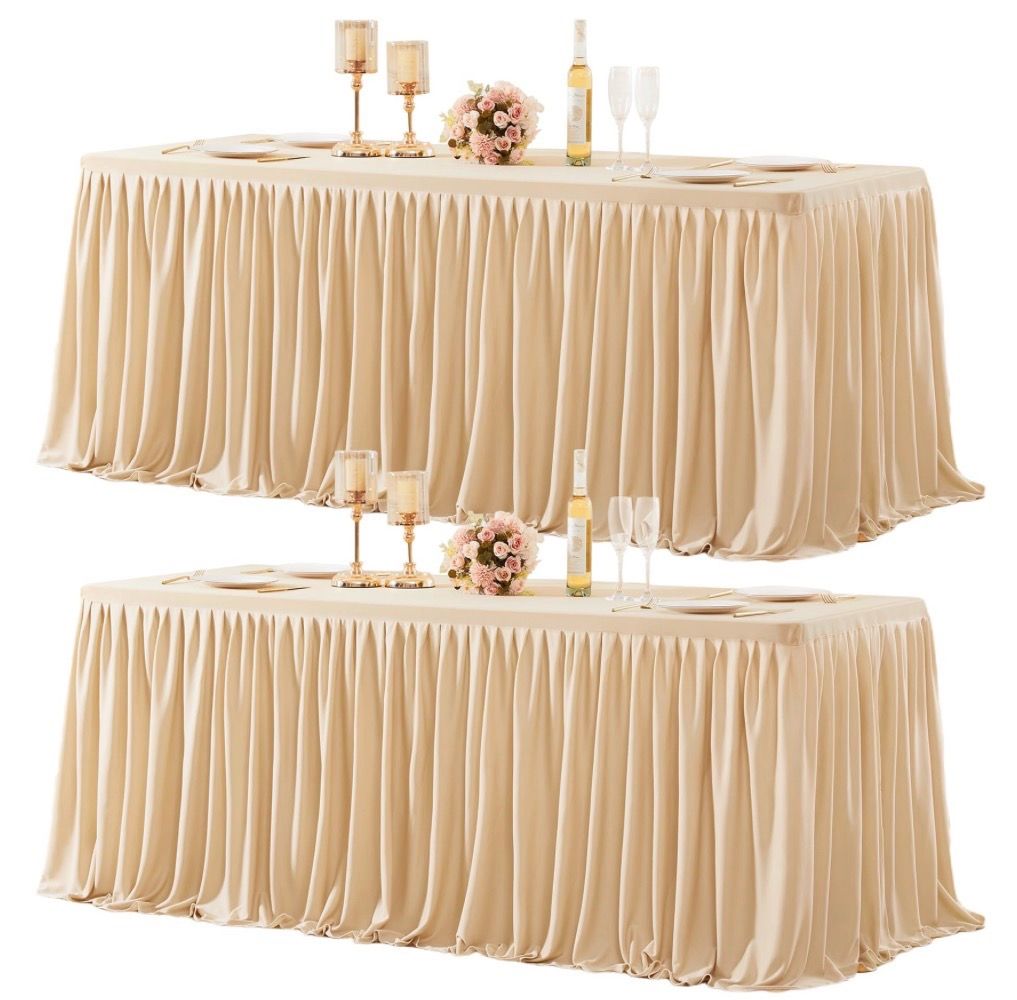 2 Packs Dark Champagne Polyester Table Clothes For 8 Foot Rectangle Tables, Wrinkle Free Fitted Table Cover 8ft Stretch Tablecloths With Skirt For Par