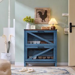 Farmhouse Shoe Cabinet, Narrow Shoe Storage Cabinet with 2 Flip Drawers & Adjustable Shelves, Industrial Wood Shoe Organizer, Rustic Shoe Rack Cabinet