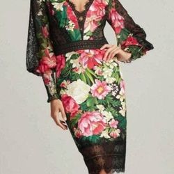 TADASHI SHOJI ALBERS BISHOP SLEEVE Cocktail Floral Black Lace DRESS Size 8