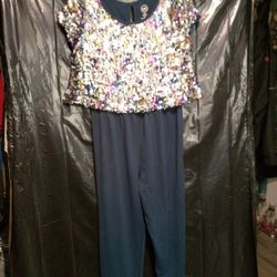 Wonder Nation Girls Sequin Popover Jumpsuit In Navy Blue With A Multi - Color Sequin Top. Size L/G ( 10 - 12 ). 