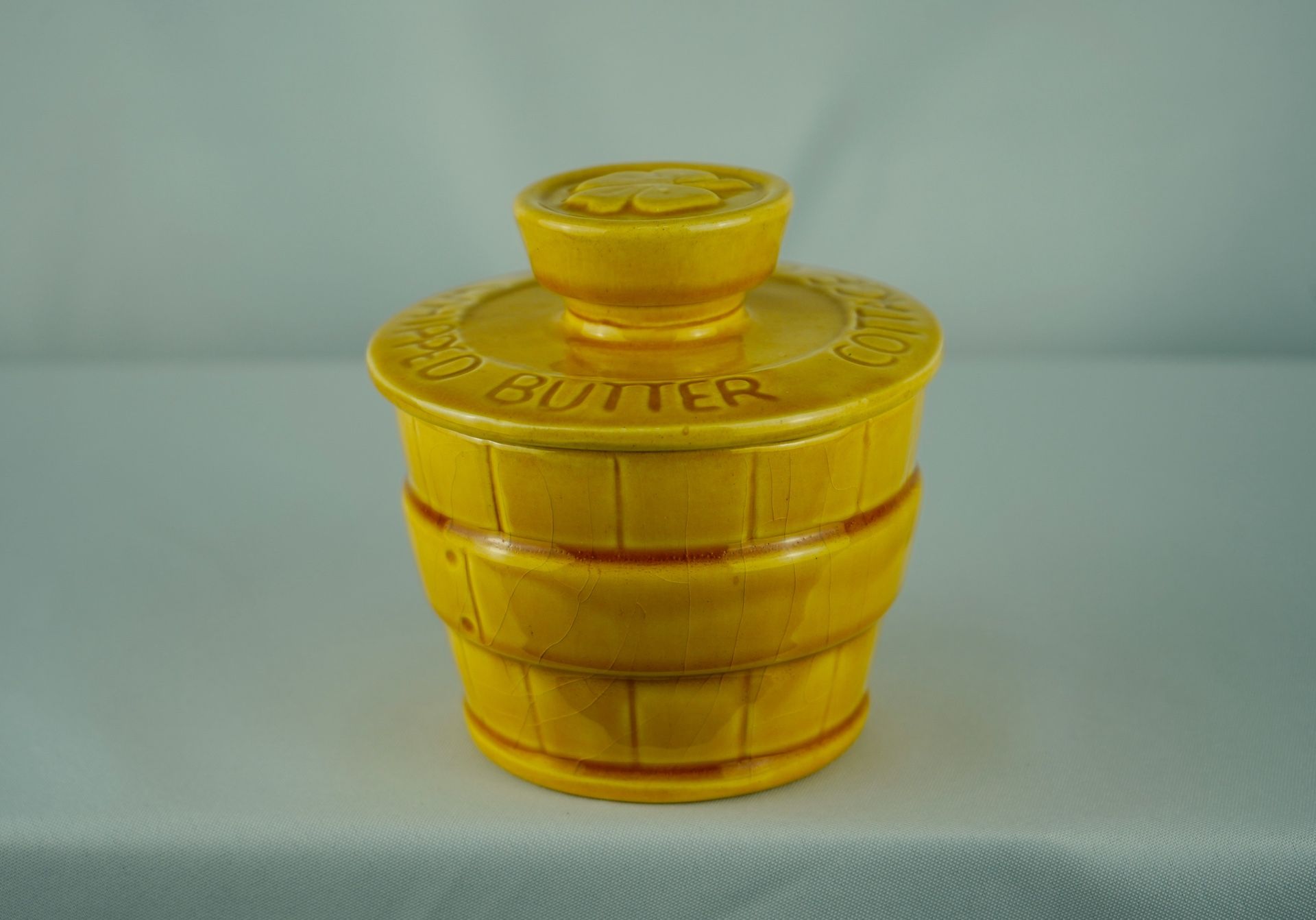 Vintage Cottage Cheese Whipped Butter Crock - Shamrock Design - Los Angeles Pottery