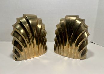 Set of 2 Vintage Art Deco Style Solid Brass Scalloped Bookends Non-Slip