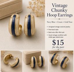 Vintage Navy Blue, Cream & Gold Chunky Hoop Earrings