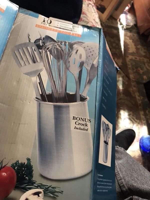 Stainless kitchen set. Brand new but box got destroyed. Utensils still in plastic covers and dishwasher safe