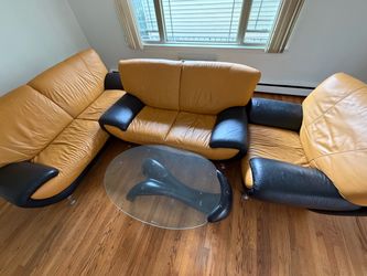 Vintage Set of Leather Couch, Sofa, Loveseat and Glass Coffee Table