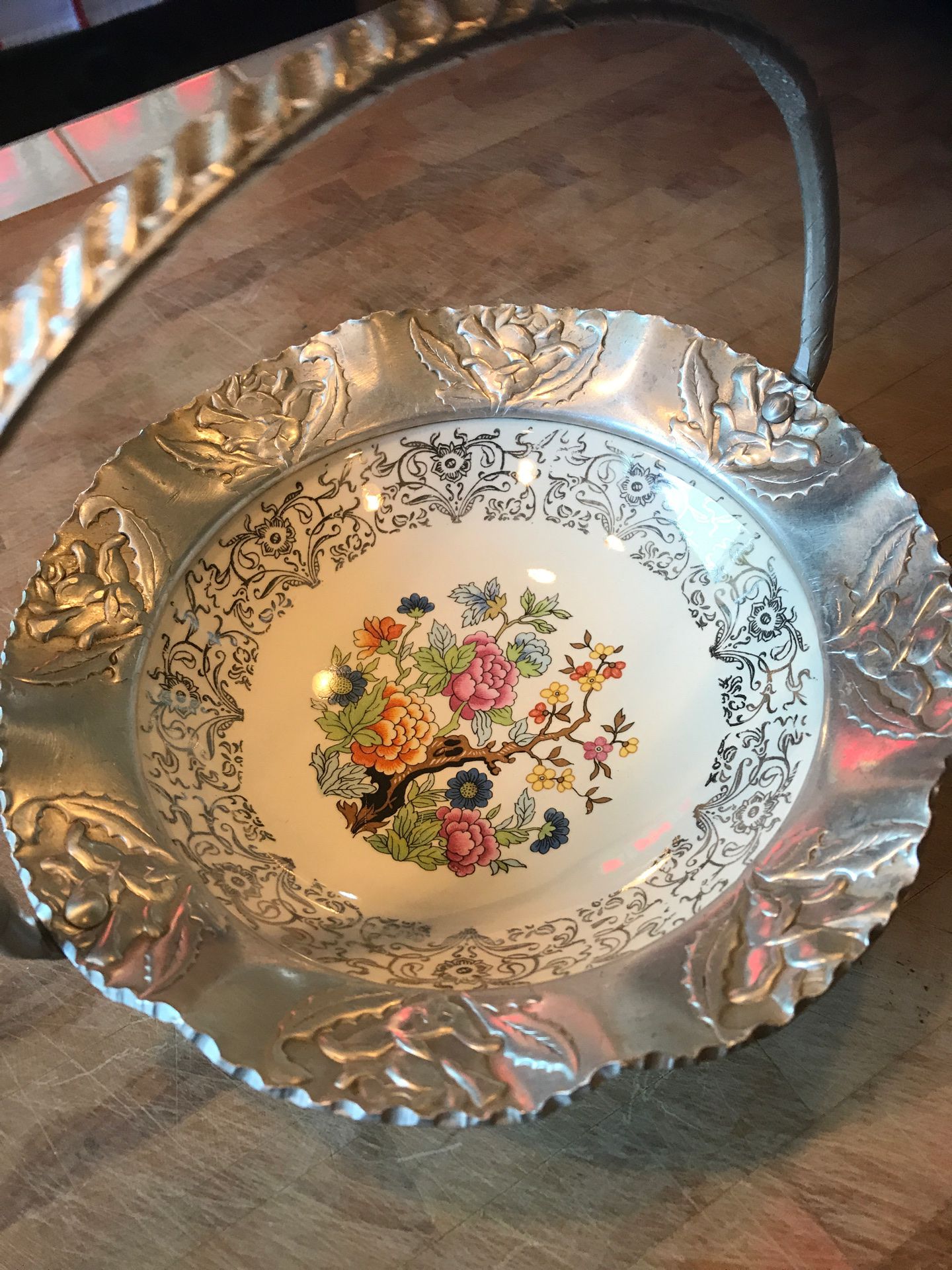 Antique Porcelain And Pewter Candy Dish