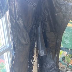 Black Leather Fringe  Motorcycle Jacket And Chaps