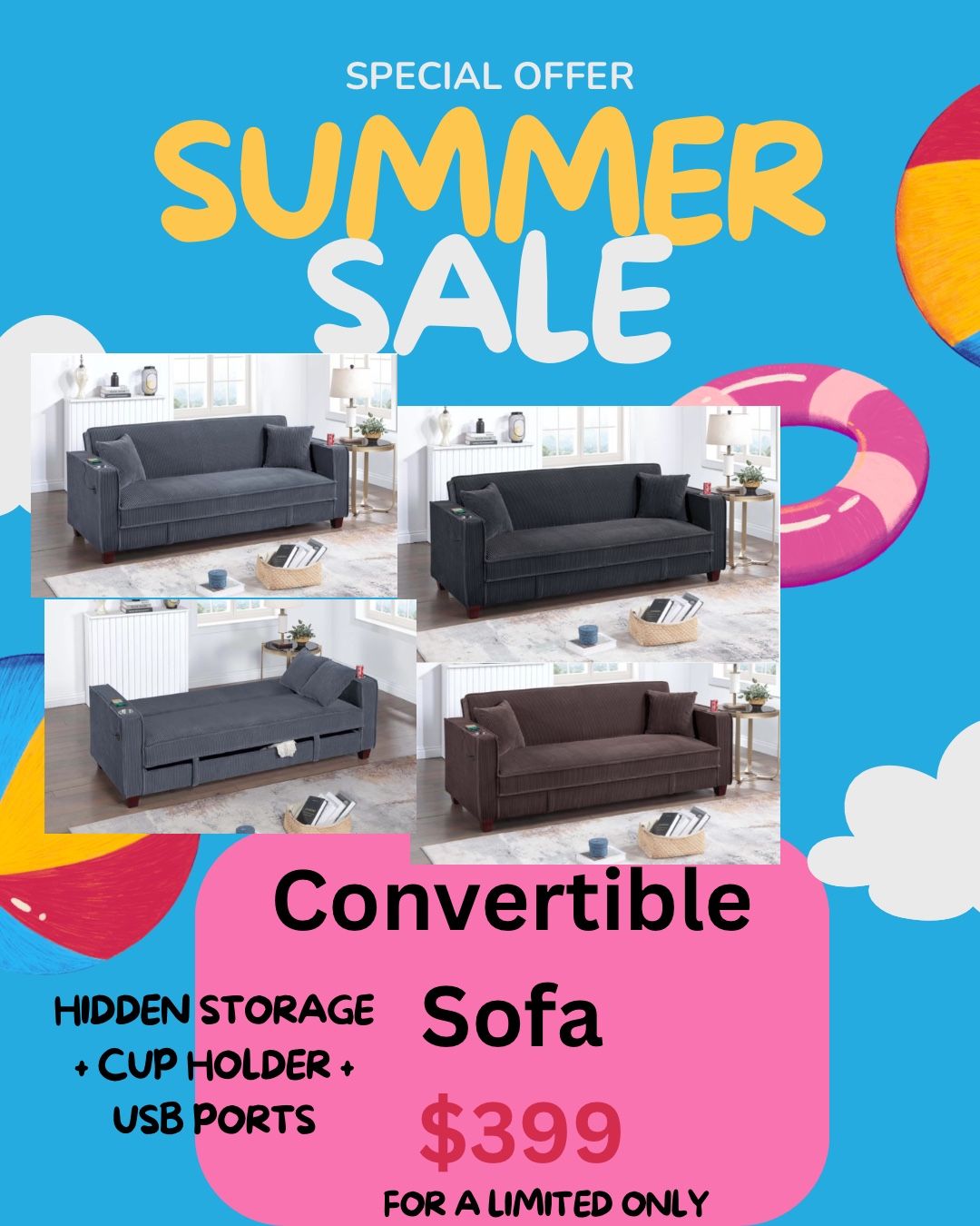 Sofa Bed With Storage & USB Ports + Cup Holders