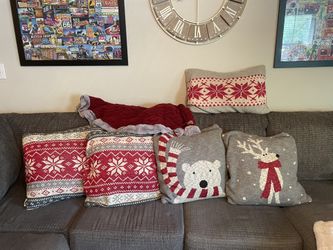 OBO! MOVING SATURDAY! ALL MUST GO! Lot of 5 Christmas pillows & tree skirt. Check profile for more!