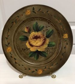 Antique Hand Painted Textured Floral Thick Vinyl Round Platter