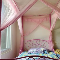 Twin Metal Platform Bed with Pink canopy Fabric