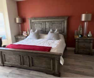 Sale today Rustic Gray Bed Frame with Tall Paneled Headboard