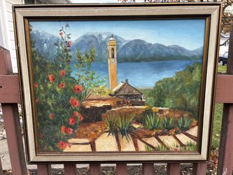 Vintage Framed Oil Painting Mediterranean Coastal Landscape Signed Nel Forman
