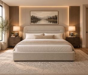 King Bed Frame,  Boucle Upholstered Platform Bed.Low profile design with Adjustable Cloud Like Headboard, Rounded Corners, Solid Wood Slat Support, Ea
