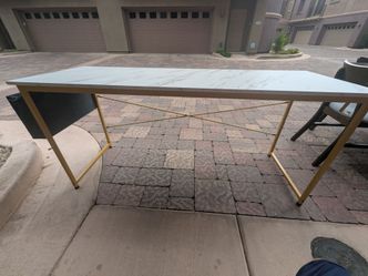 Modern White Marble-Look Desk with Gold Frame & Side Storage