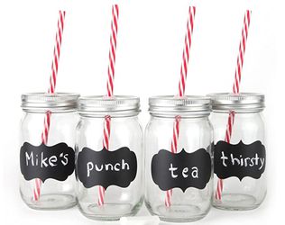Chalkboard Mason Jar Mugs with Tin Lid, Plastic Straws and Chalk. 16 Oz. Each. Old Fashion Drinking Glasses - Pack of 4.