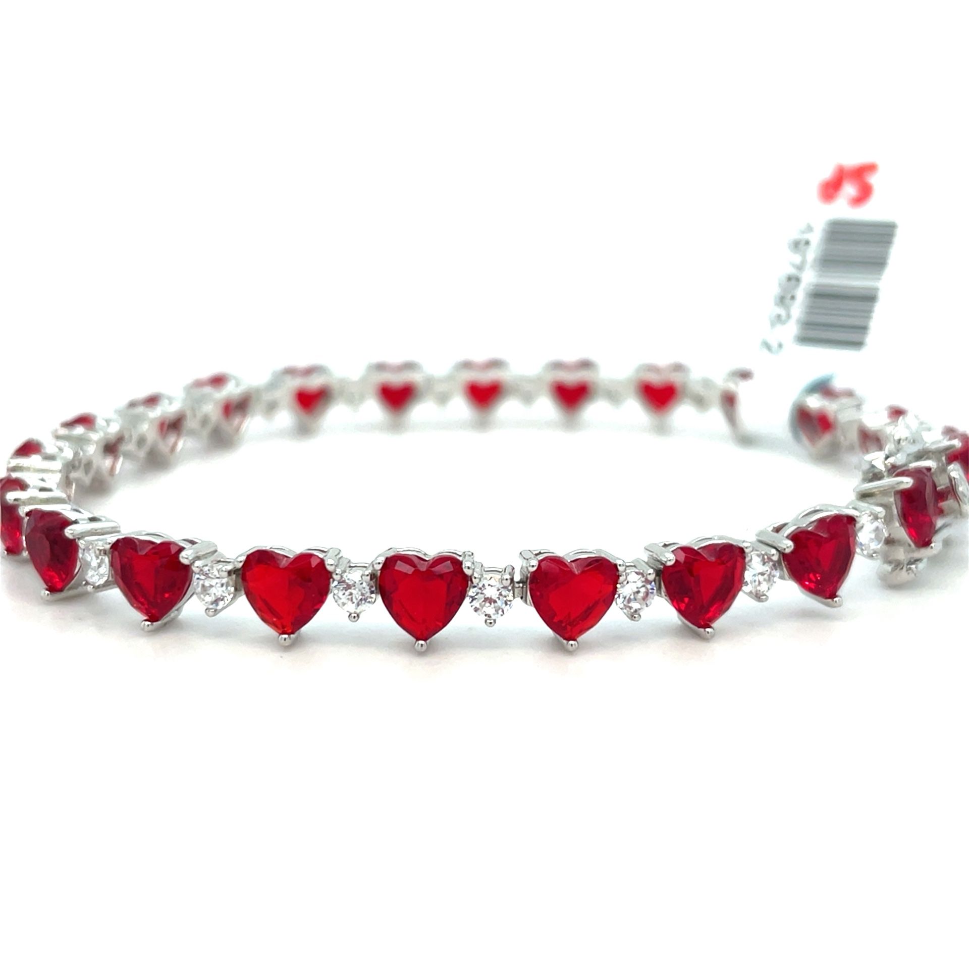 925 Sterling Silver CZ 7” Red Hearts Bracelet 10.50g 197693/2