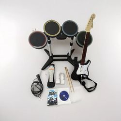 Rock Band 2 Wii Bundle 2 Games Drum Kit Pedal Sticks Mic Guitar READ