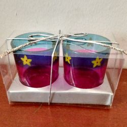 BRAND NEW IN PACKAGE WITH SILVER RIBBON LUMINESSENCE CANDLES COLORED GLASS 2PK VOTIVE CANDLE HOLDER GIFT SET
