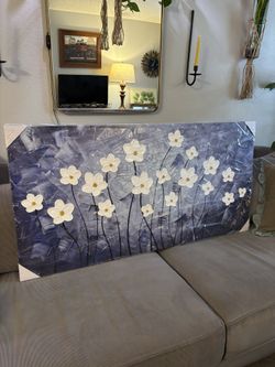 White Floral 3-D Painting On Canvas. 20” X 40”