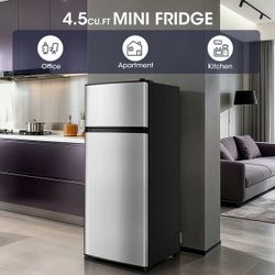 New 4.5 Cu Double Door Refrigerator with Freezer, Mini Fridge for Bedroom, Office, Dorm and Apartment, Small Compact Refrigerators with Wheels, Low No