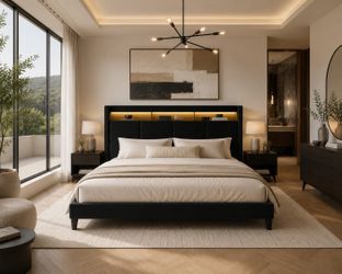 King bed Size Upholstered Platform Bed Frame with LED Lights and Charging Station, 51.2" Tall Headboard with 2-Tier Storage, Modern Wingback Design, N