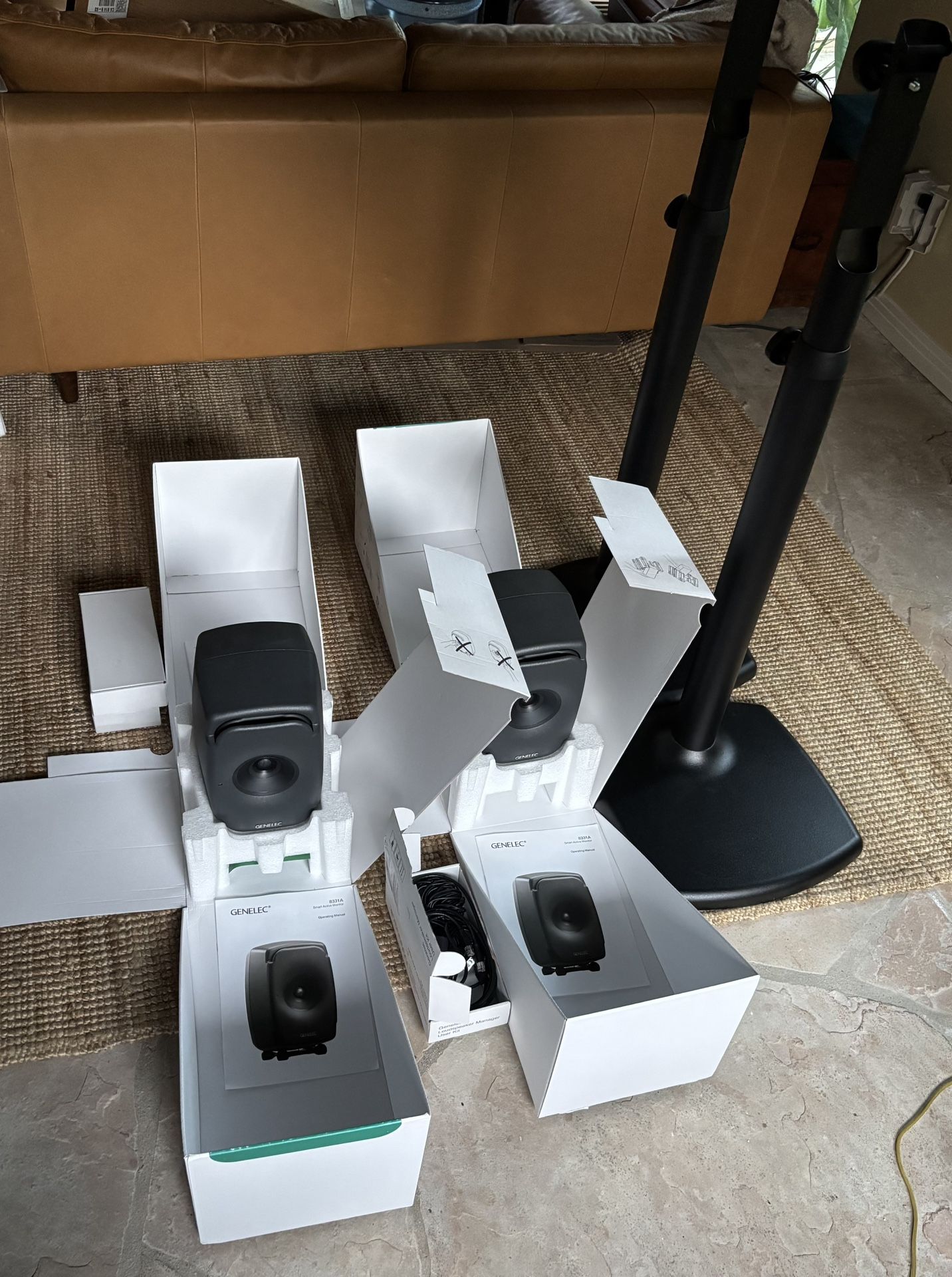 Genelec 8331A SAM Studio Monitors + K&M Stands + GLM – Mint, Original Boxes