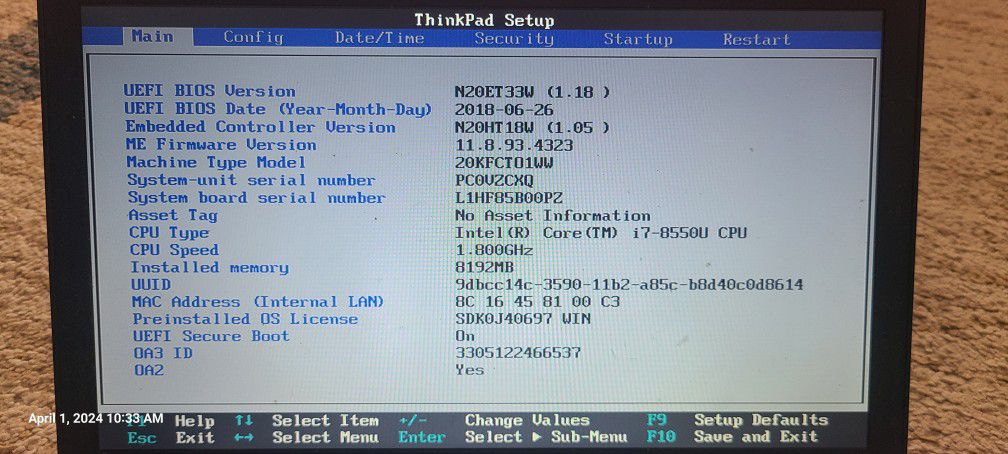 ThinkPad X280 12.5" 1366x768 Intel i7-8550U 8GB NO SSD NO Charger