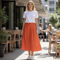 A New Day coral red orange linen midi skirt Med
