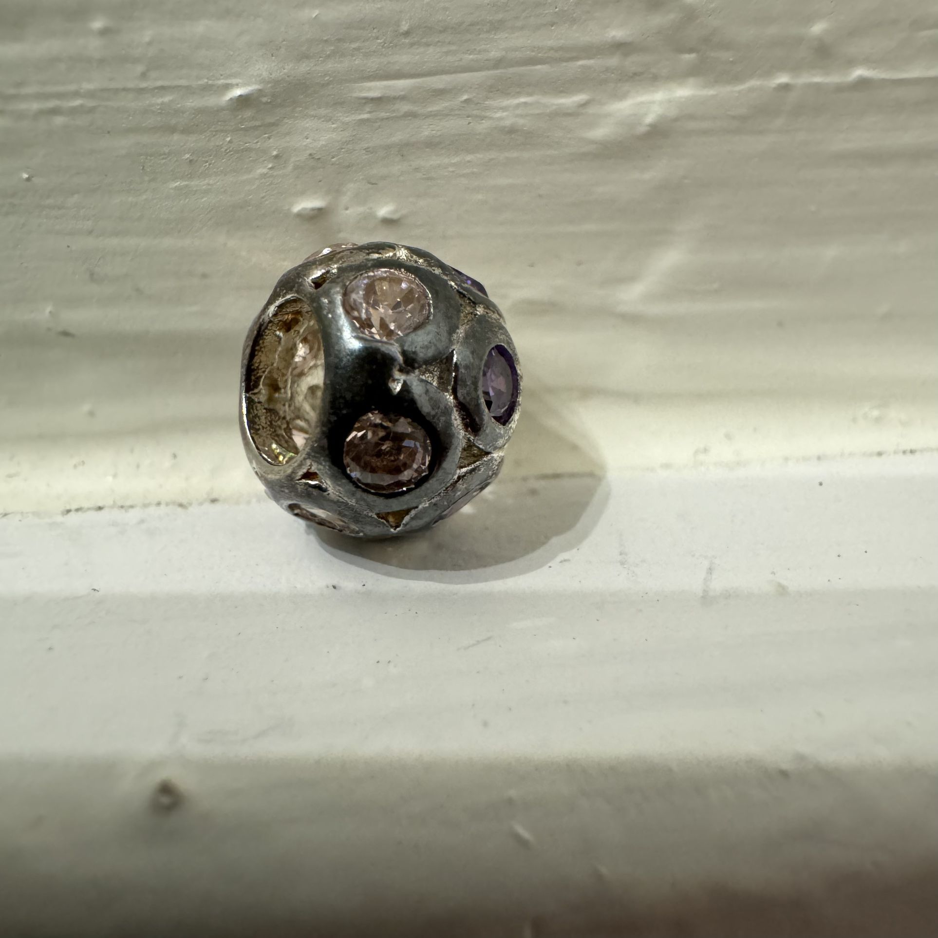 Small Sterling Silver Charm Bead with Pink and Purple Gemstones