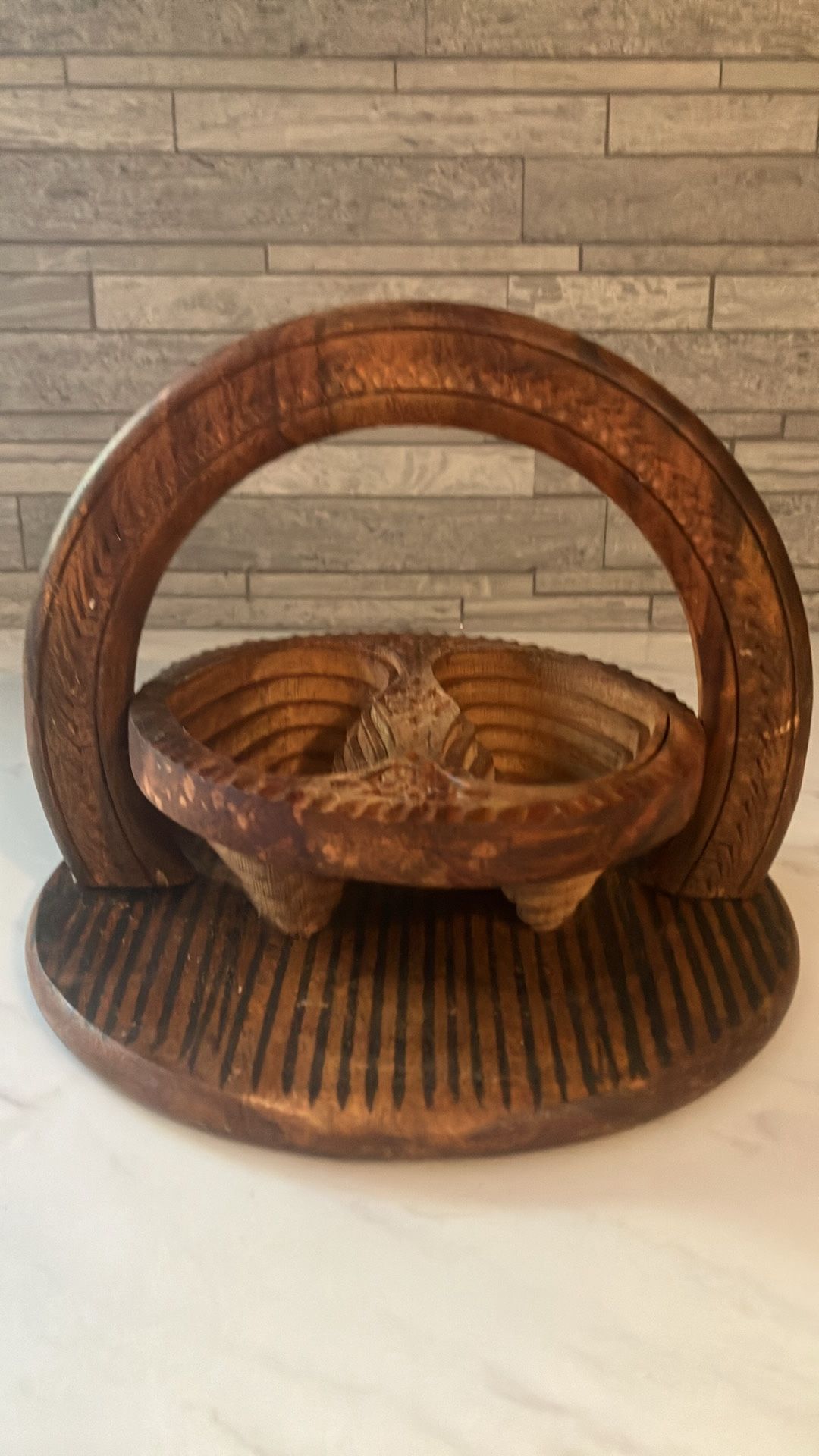 Vintage MCM - Hand Carved - Wooden Collapsible Folding Bowl With 2 Sections