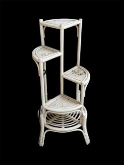 1970’s Vintage 4ft White Bamboo Wicker Plant Stand 4 Shelf