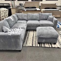Grey Sectional Sofa With Ottoman Corduroy Fabric 