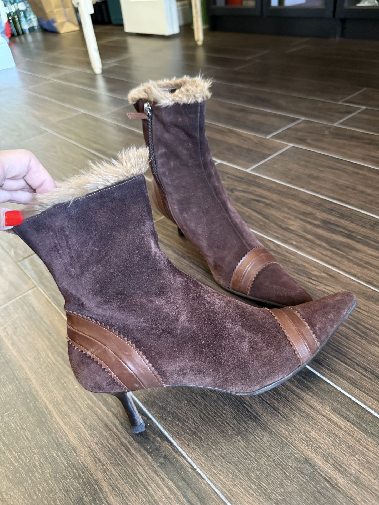 a. testoni Chocolate Suede Heeled Boots with Fur Trim