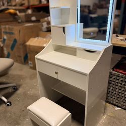 3-Color LED small Vanity Mirror with Stool, white