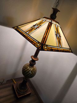 Vintage 1920s Arts & Crafts Stained Slag Glass Lamp – Convertible Mission Fixture - Shade 14" Sides, 6" Tall