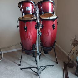 Pearl Primero Congas and Bongos percussion hand drum set with stands RED