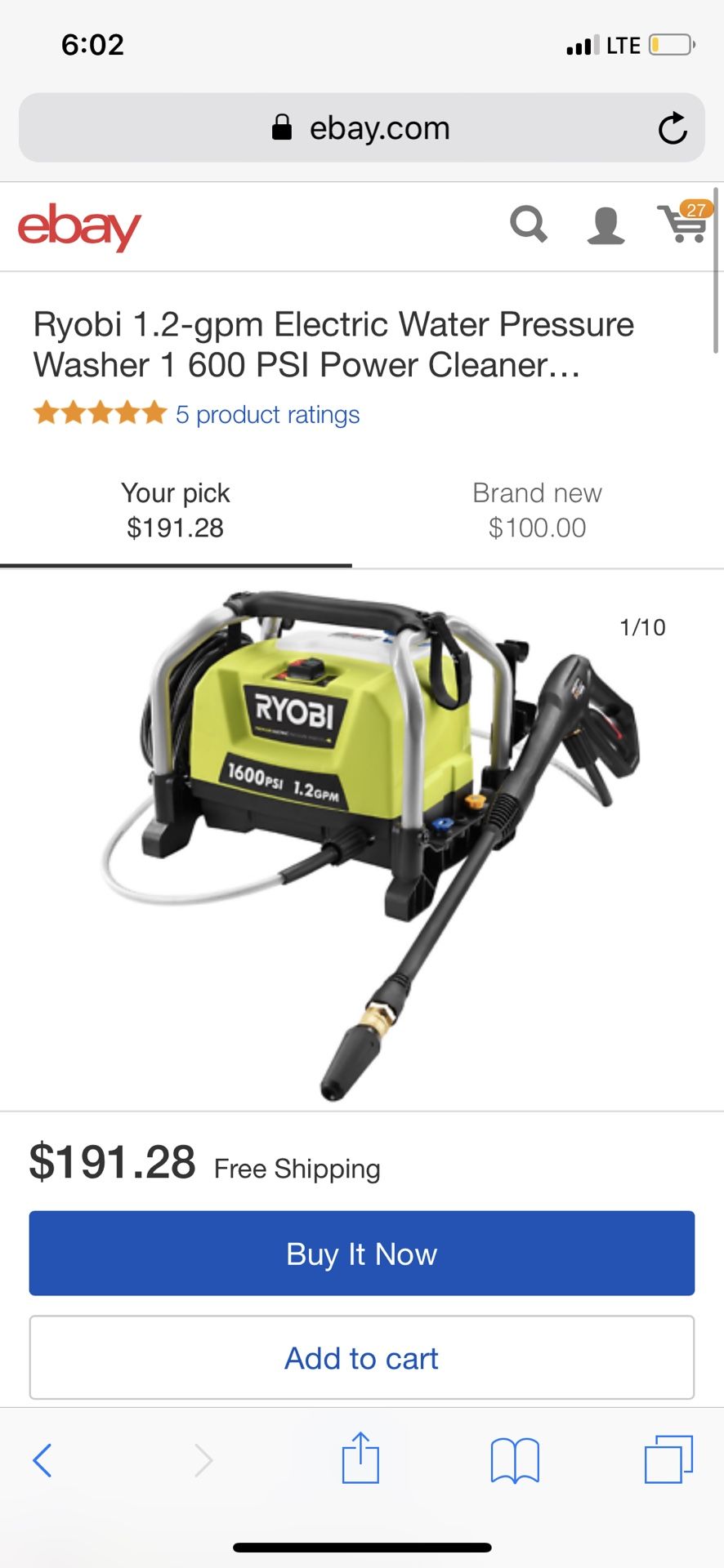 Ryobi electric pressure washer 1600 psi