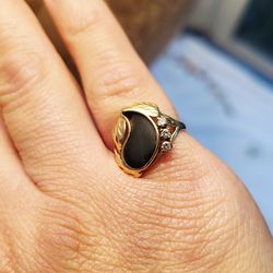 14K Solid Yellow Gold, Black Coral, and Diamond Ring