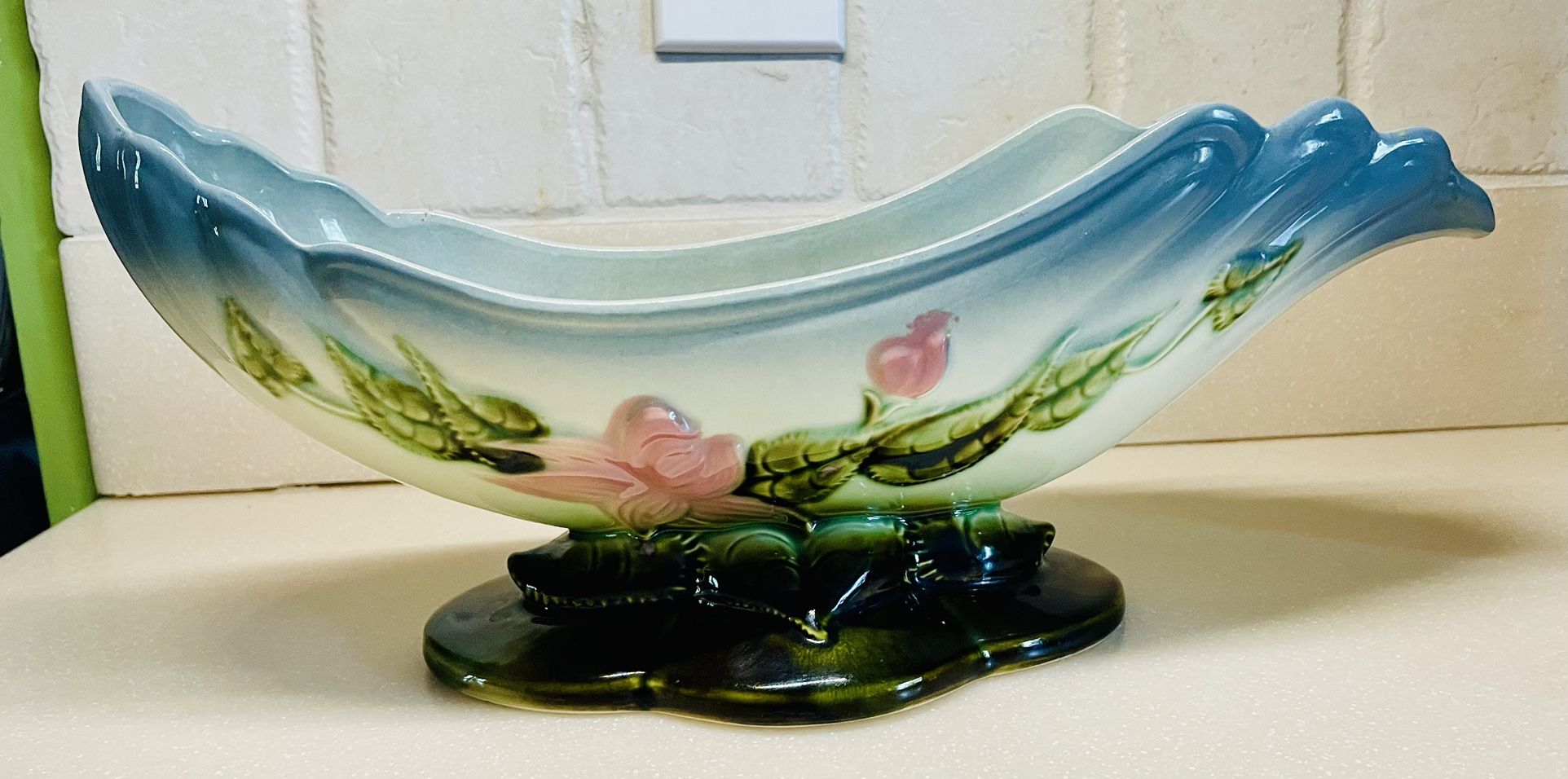 Hull Pottery Woodland Console Dish W29 Bowl Blue & Pink Flowers Excellent Cond