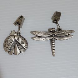 Vintage Pewter ladybug and dragon-fly pendant, silver tone clip on A26.


