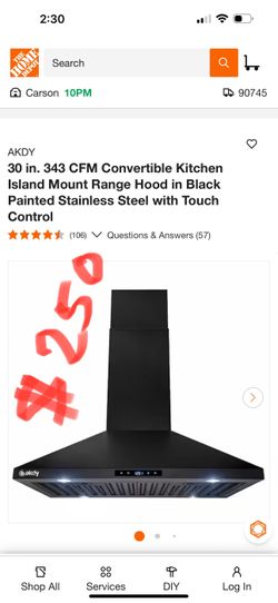 10PM o 90745 AKDY 30 in. 343 CFM Convertible Kitchen Island Mount Range Hood in Black Painted Stainless Steel with Touch Control