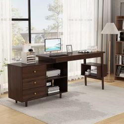 55.1 in. Width L-shaped Brown Wooden 3-Drawer Commercial Desk, Computer Desk, Writing Desk with Shelves Storage