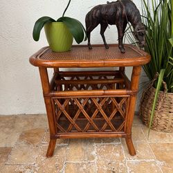 Vintage Rattan Bamboo Magazine Rack End Table Wicker Coastal Boho Tiki Side Table