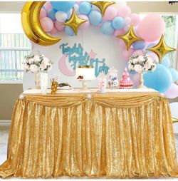 Table Skirt for Rectangle Table 6ft Gold Sequin Table Skirting Tablecloth for Party Wedding Birthday Cake Table
