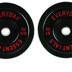 Brand New  Curl Bar And Pair Of 55Lb Bumper Plates 