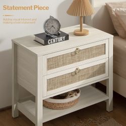 White Night Stand with Drawers and Storage Shelf - Large Nightstands Rattan Decor Boho Bedside Table Narrow Side Table for Bedroom, Small Space