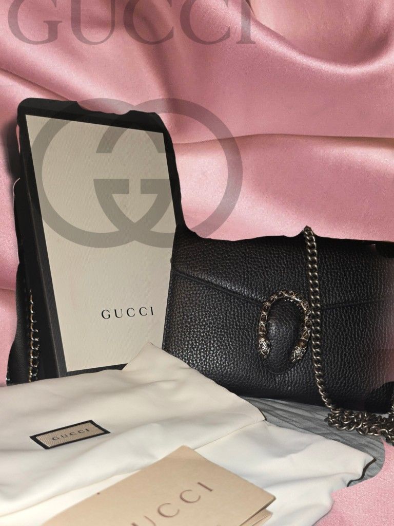 Authentic GUCCI Black Textured Leather Dionysus Wallet Chain Bag