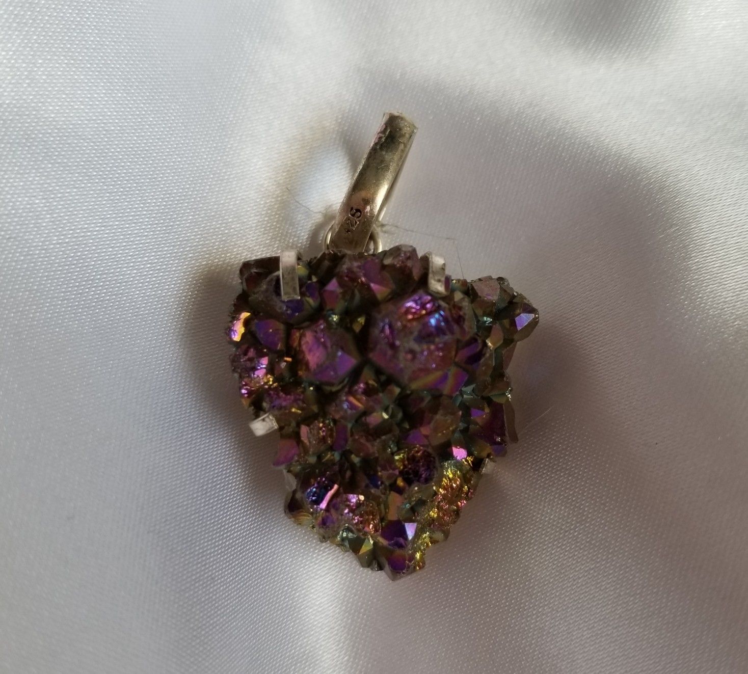 Druzy purple gemstone in sterling silver pendant 1 and 3/4 inches long