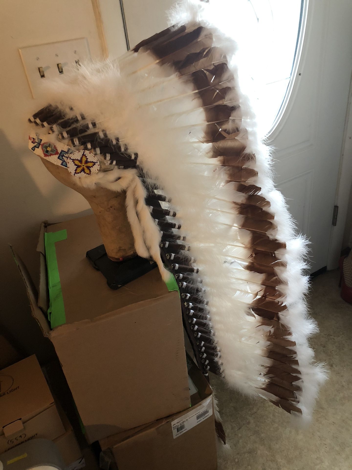 Native American Feathered Headdress Top Quality Theatrical Prop Handmade Leather. Condition is Pre-owned. Professionally Made